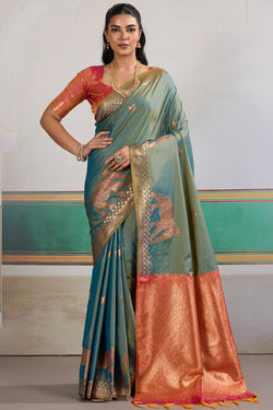 Cadet Blue Zari Woven Banarasi Silk Saree