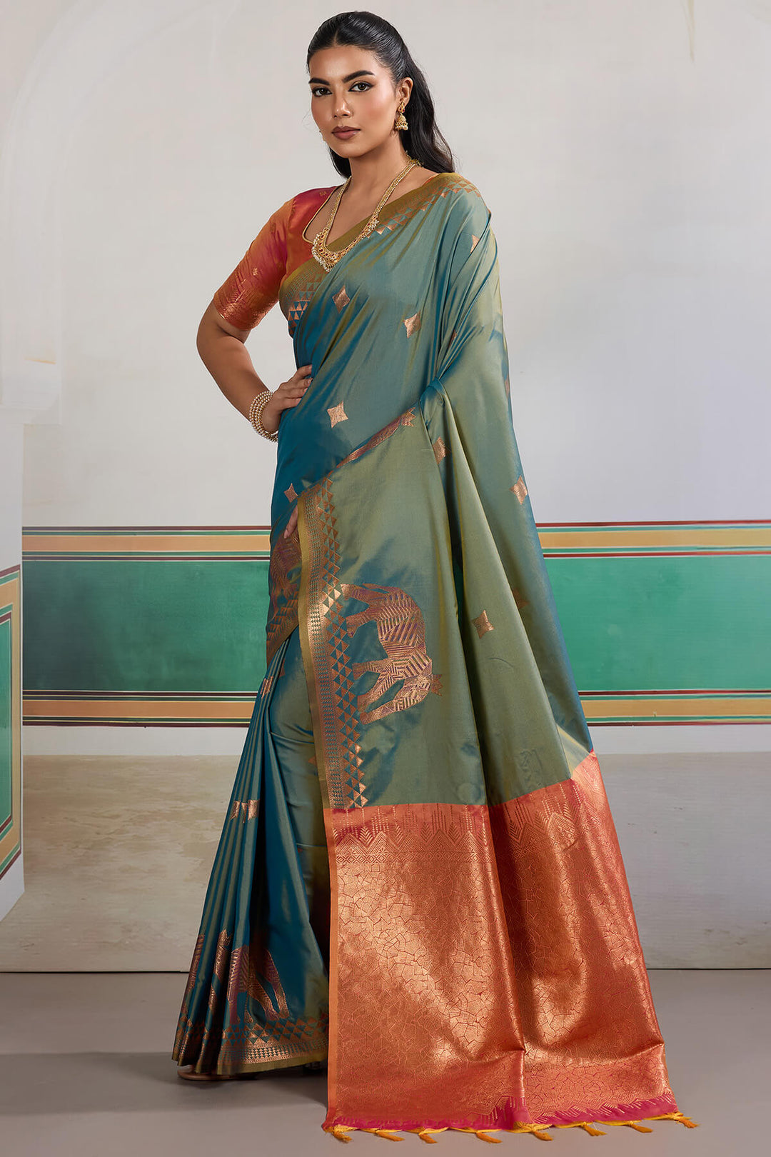 Cadet Blue Zari Woven Banarasi Silk Saree