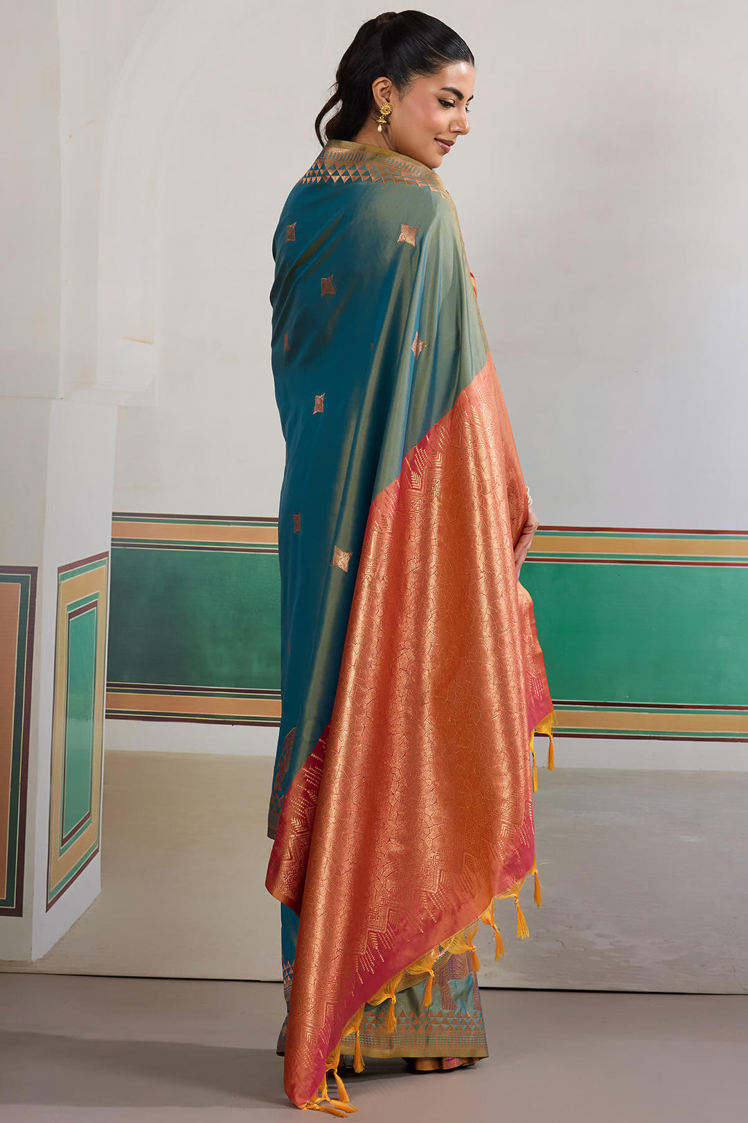 Cadet Blue Zari Woven Banarasi Silk Saree
