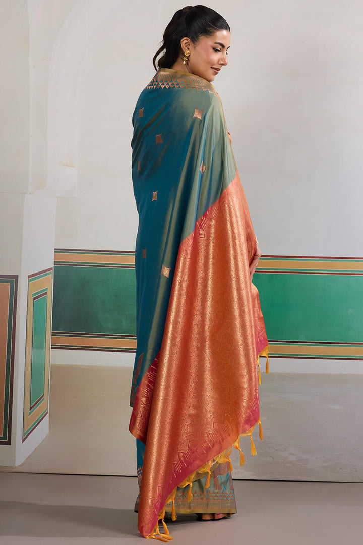 Cadet Blue Zari Woven Banarasi Silk Saree