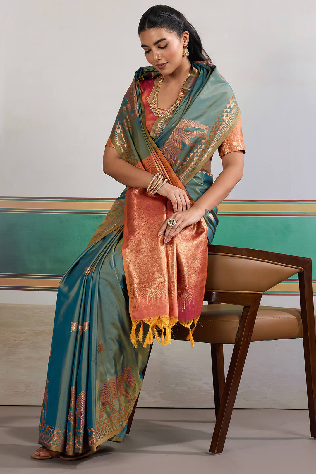 Cadet Blue Zari Woven Banarasi Silk Saree