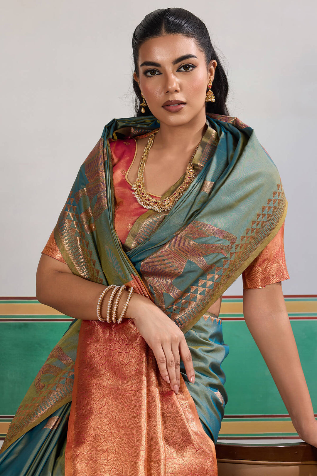Cadet Blue Zari Woven Banarasi Silk Saree