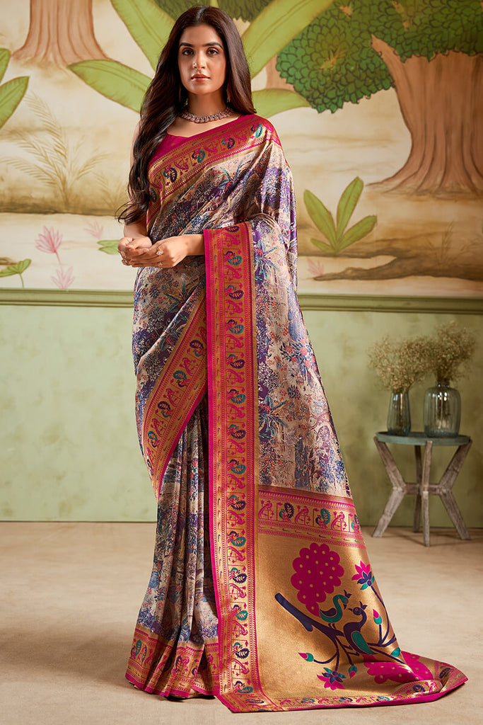 Cadet Blue Zari Woven Paithani Silk Saree