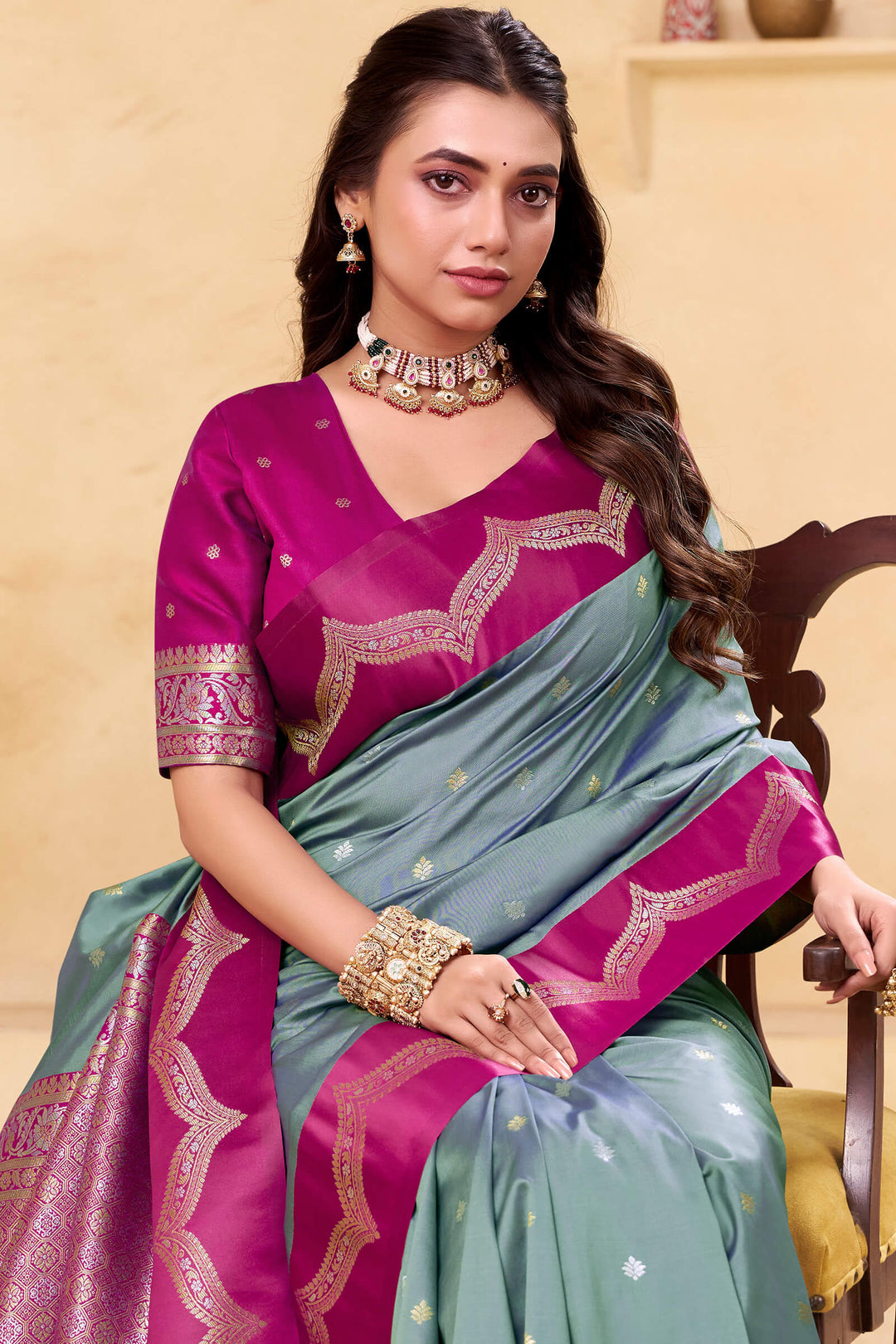 Cadet Grey Banarasi Satin Silk Saree