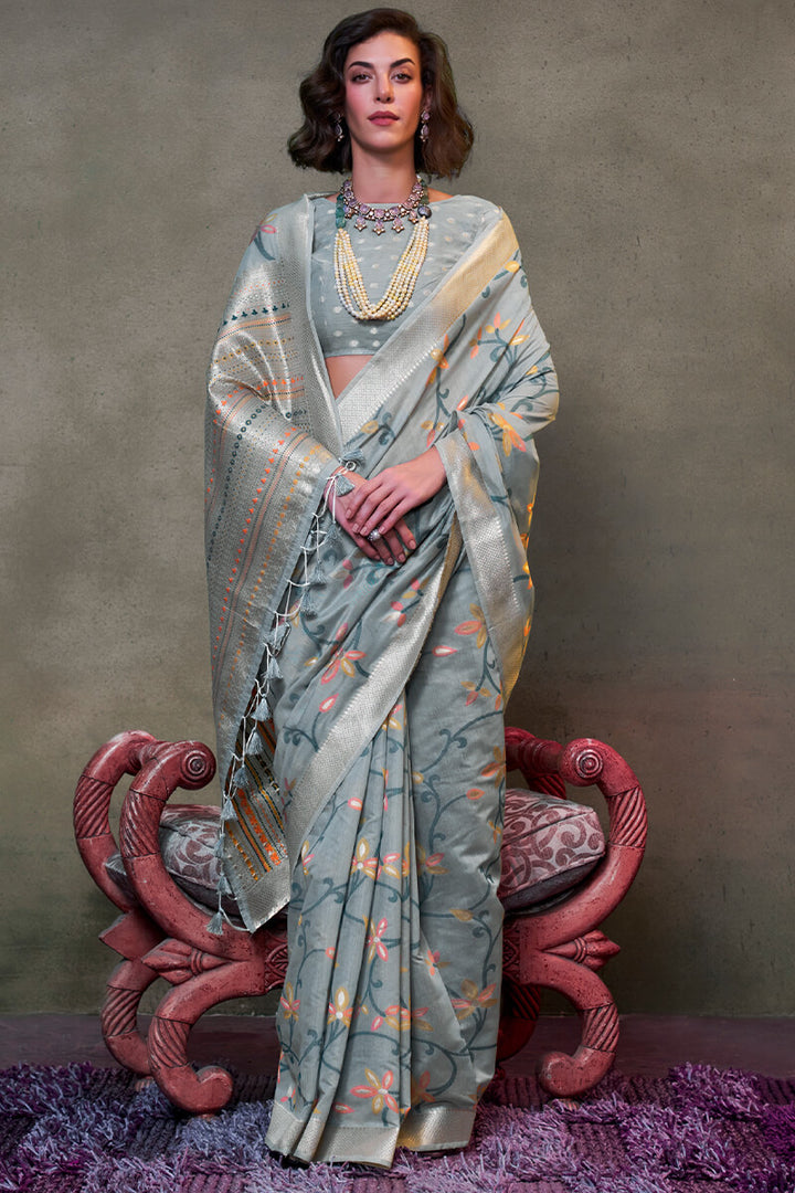 Cadet Grey Jamdani Handwoven Cotton Saree