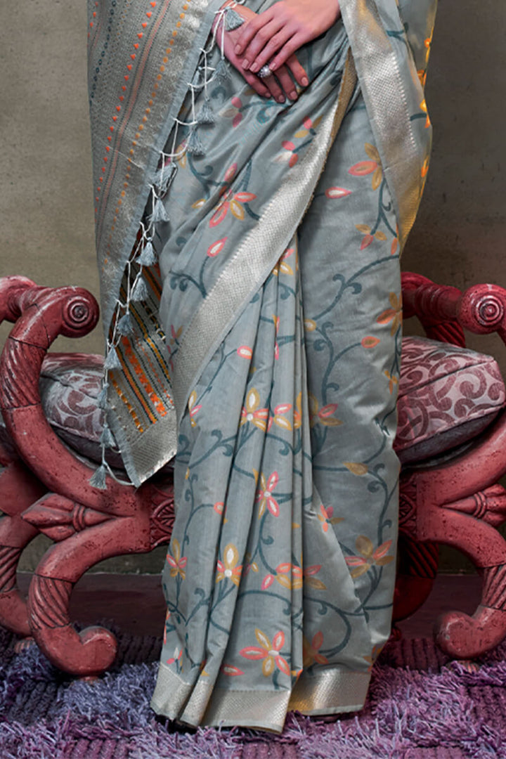 Cadet Grey Jamdani Handwoven Cotton Saree