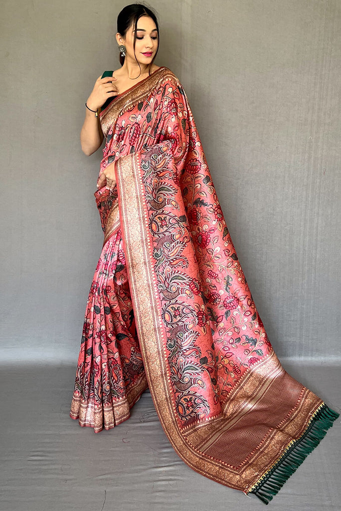 Cadillac Pink Kalamkari Printed Soft Silk Saree