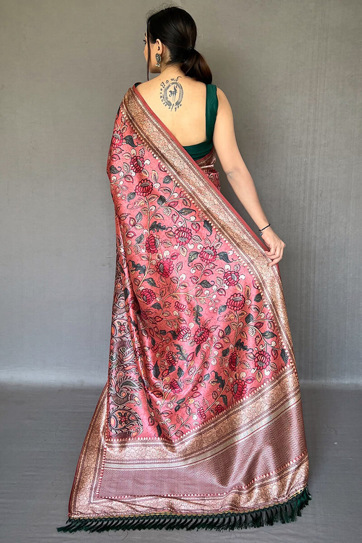 Cadillac Pink Kalamkari Printed Soft Silk Saree