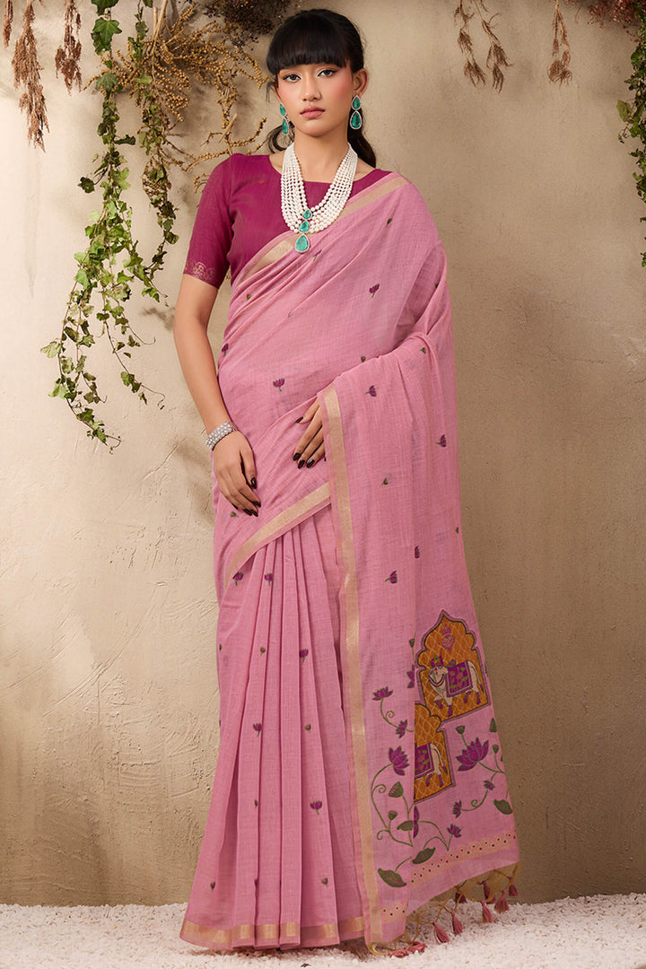 Cadillac Pink Munga Cotton Silk Saree