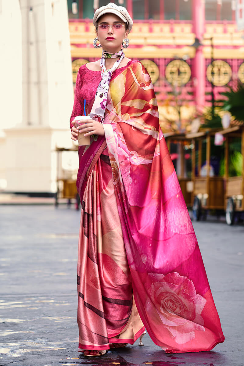 Cadillac Pink Printed Satin Crepe Silk Saree