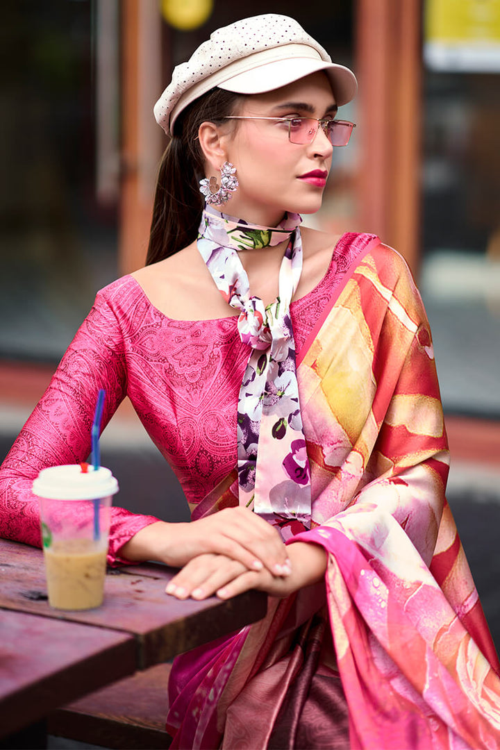 Cadillac Pink Printed Satin Crepe Silk Saree