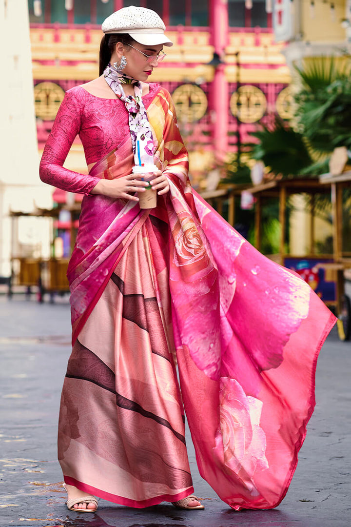 Cadillac Pink Printed Satin Crepe Silk Saree