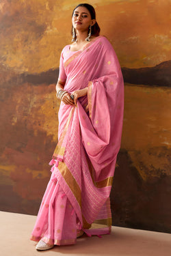 Cadillac Pink Zari Woven Cotton Silk Saree