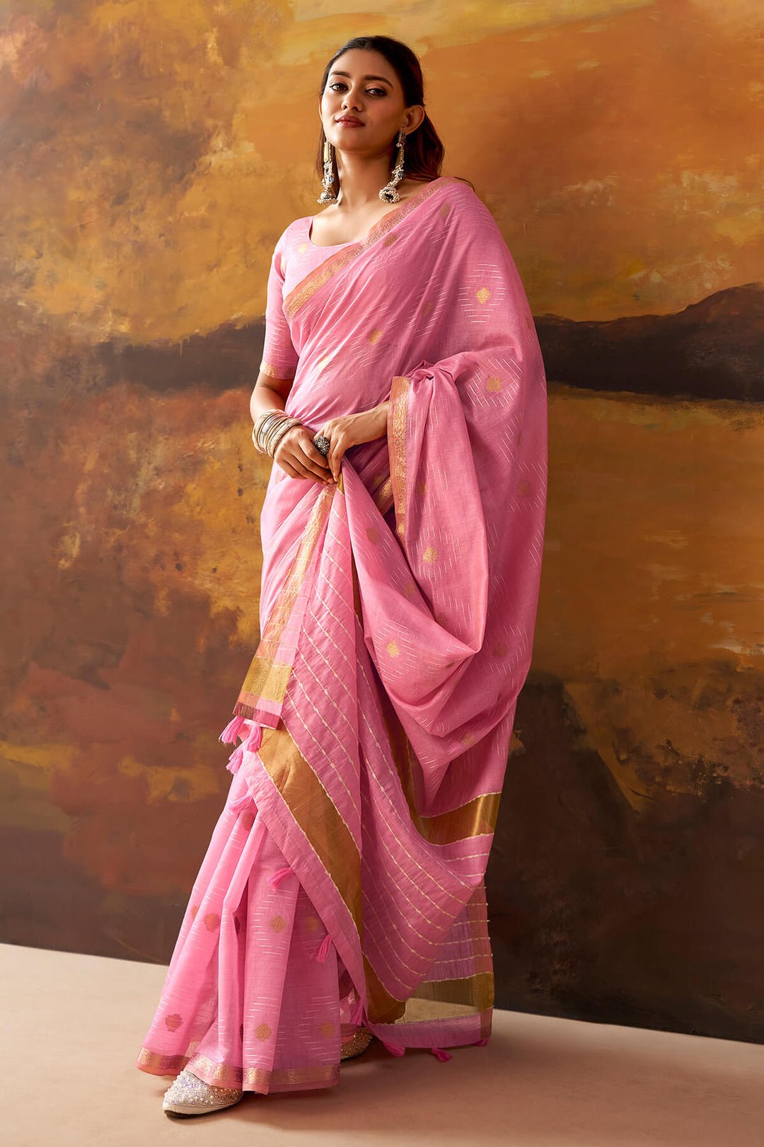 Cadillac Pink Zari Woven Cotton Silk Saree