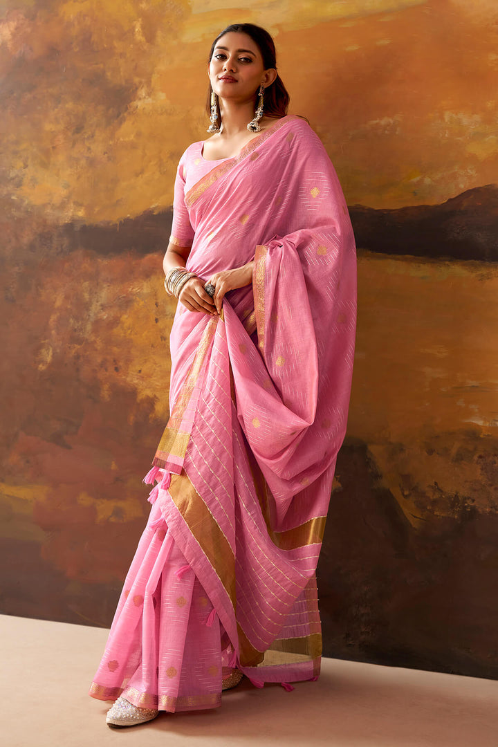 Cadillac Pink Zari Woven Cotton Silk Saree