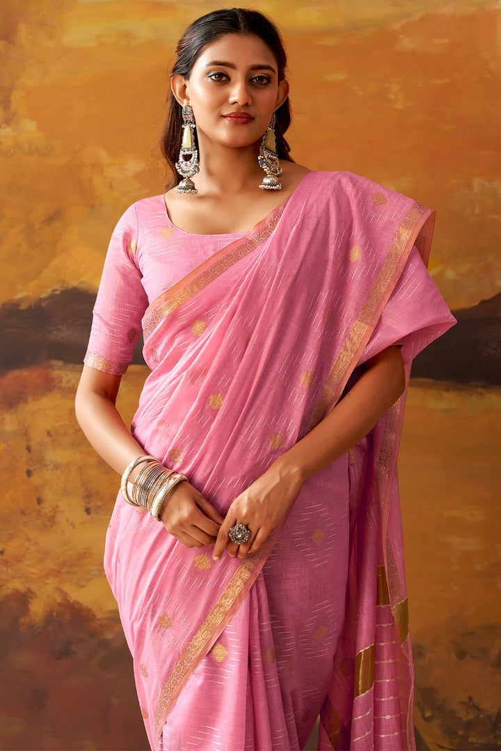 Cadillac Pink Zari Woven Cotton Silk Saree