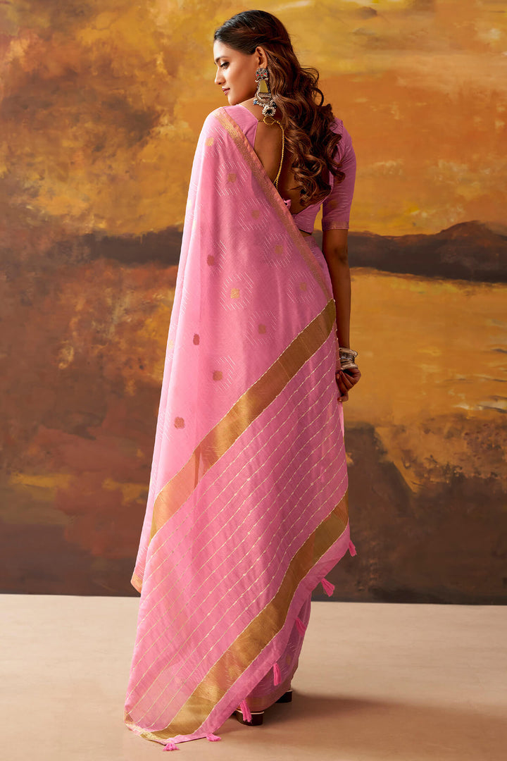 Cadillac Pink Zari Woven Cotton Silk Saree