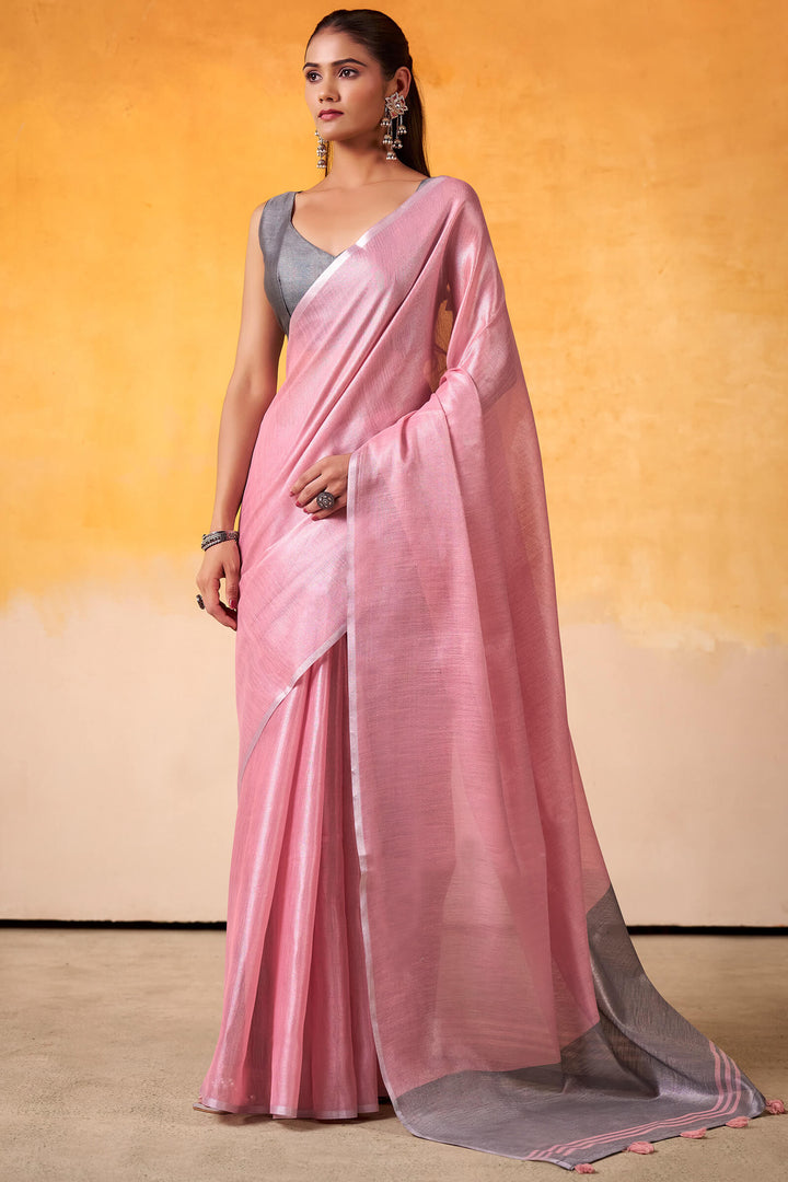 Cadillac Pink Zari Woven Tissue Silk Saree