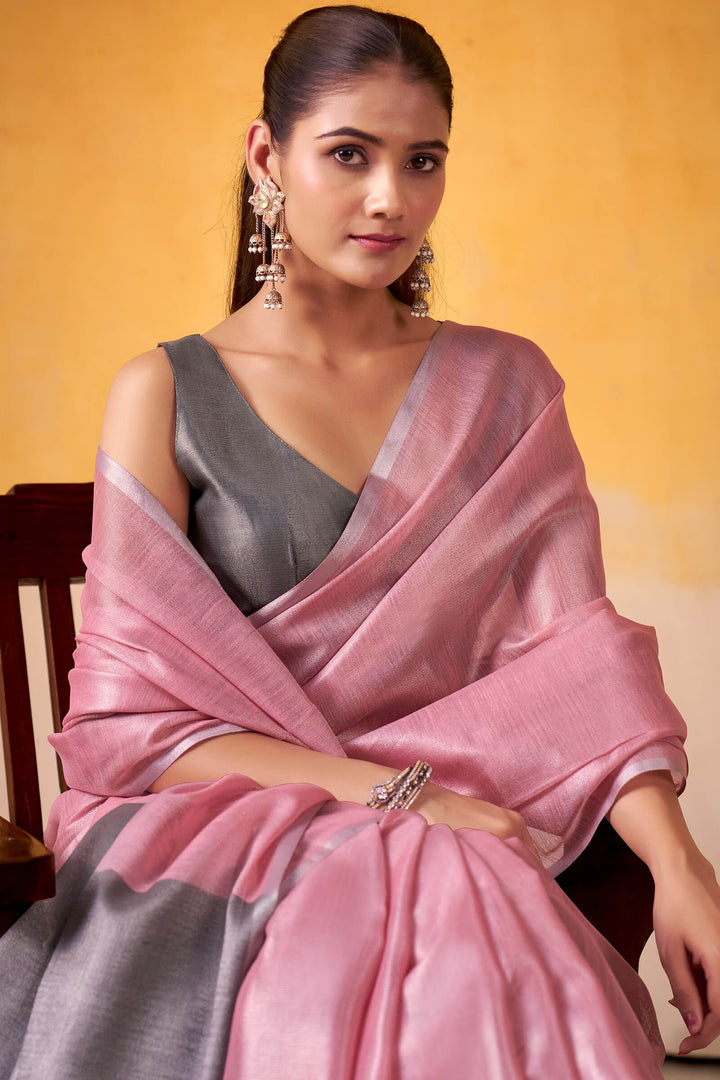 Cadillac Pink Zari Woven Tissue Silk Saree