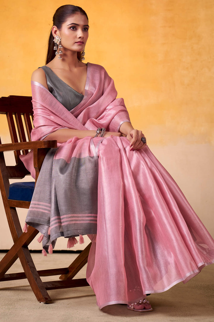 Cadillac Pink Zari Woven Tissue Silk Saree