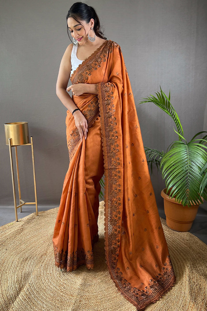 Cadmium Orange Embroidered Work Soft Silk Saree