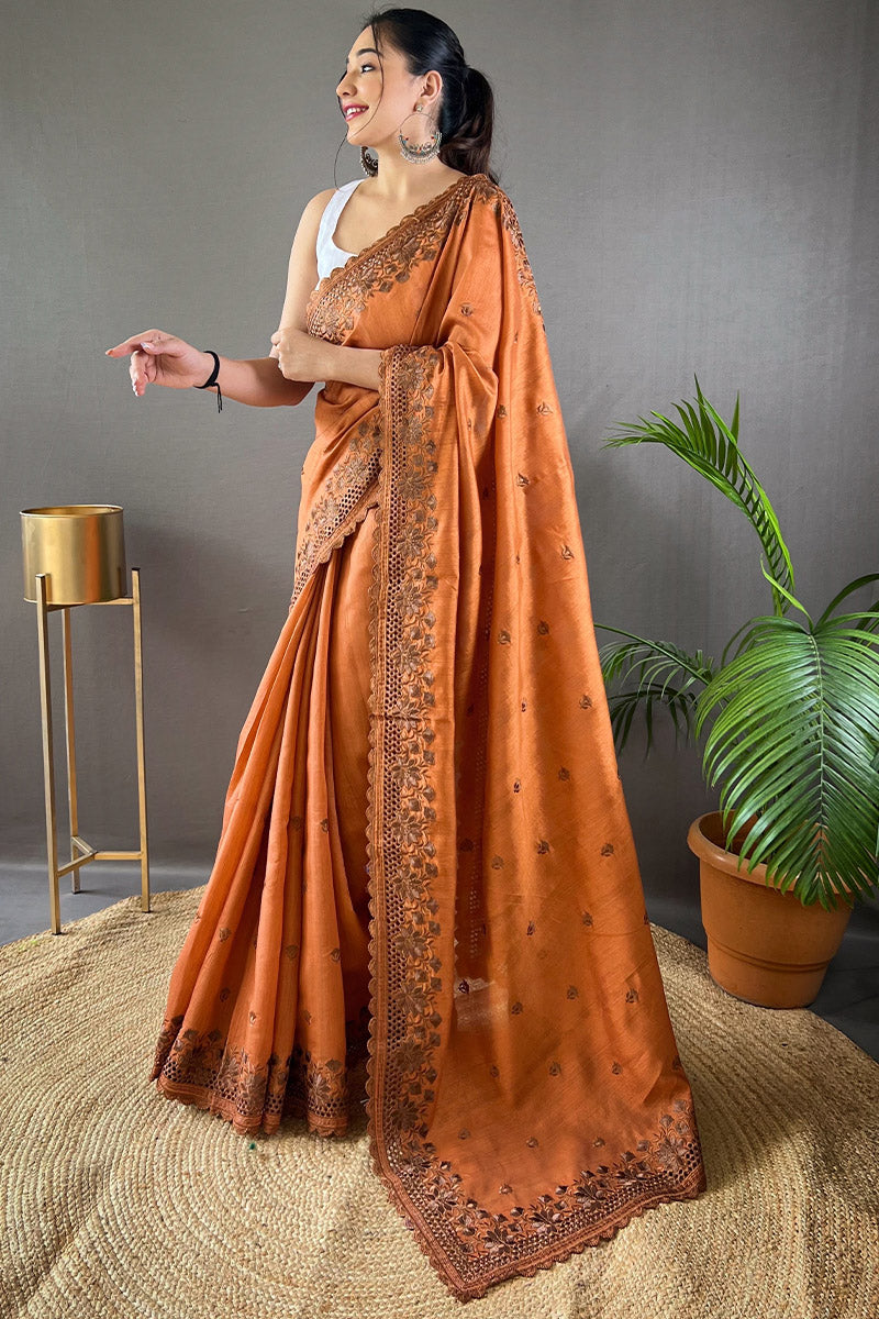 Cadmium Orange Embroidered Work Soft Silk Saree