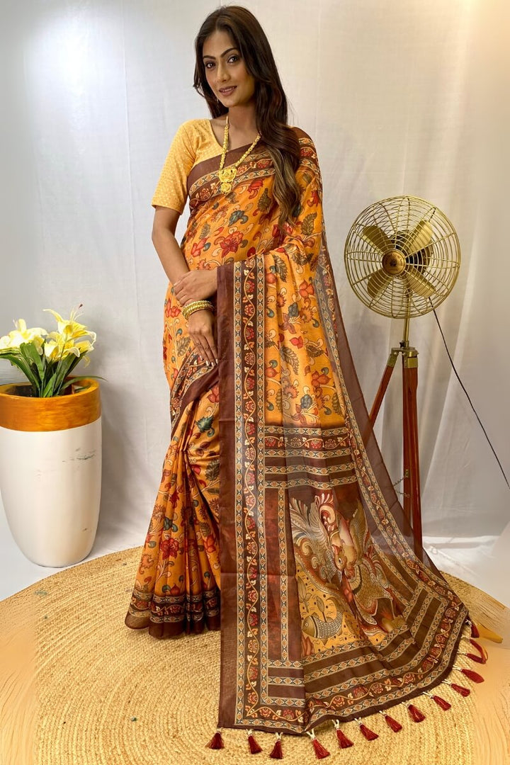 Cadmium Orange Kalamkari Printed Cotton Saree