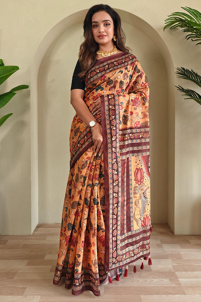 Cadmium Orange Kalamkari Printed Cotton Saree