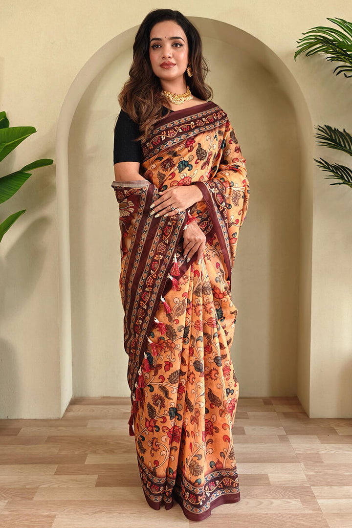 Cadmium Orange Kalamkari Printed Cotton Saree