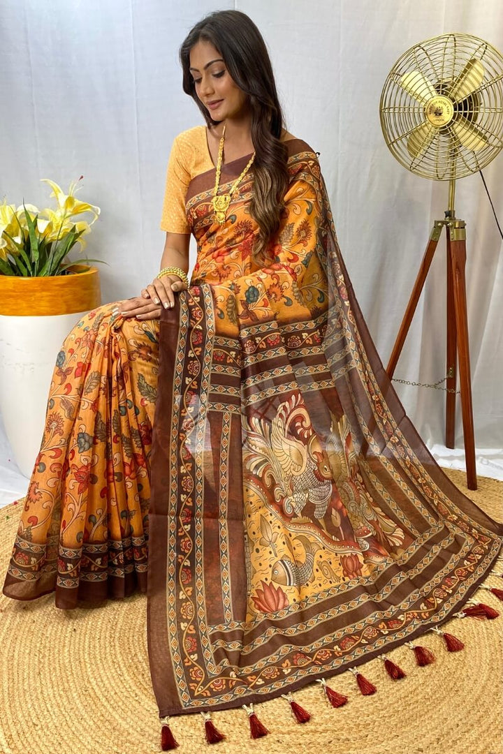 Cadmium Orange Kalamkari Printed Cotton Saree