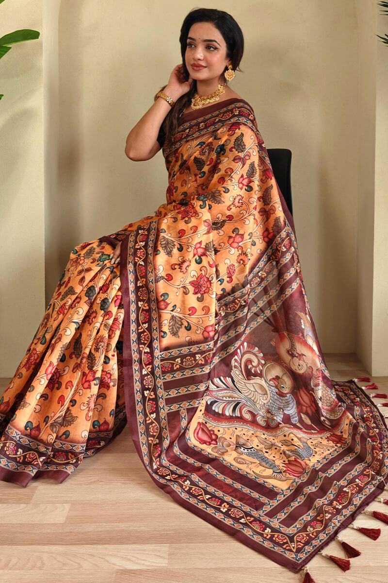 Cadmium Orange Kalamkari Printed Cotton Saree