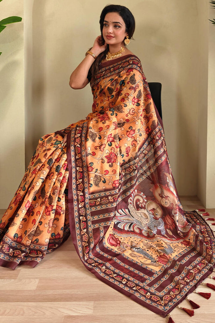 Cadmium Orange Kalamkari Printed Cotton Saree