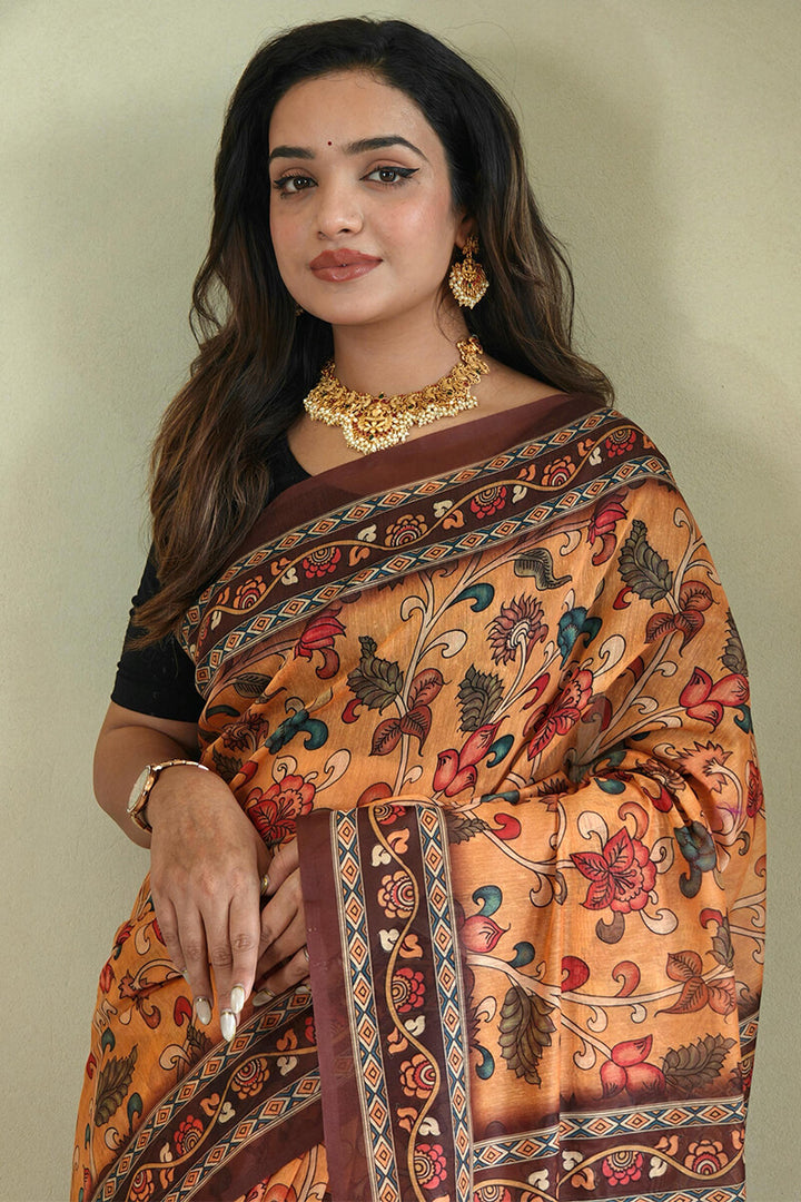 Cadmium Orange Kalamkari Printed Cotton Saree