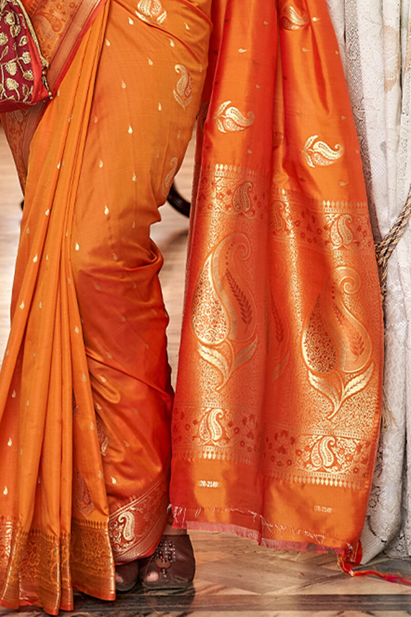 Cadmium Orange Zari Woven Banarasi Silk Saree