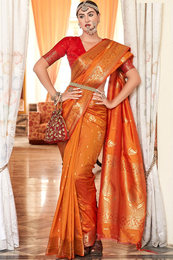 Cadmium Orange Zari Woven Banarasi Silk Saree