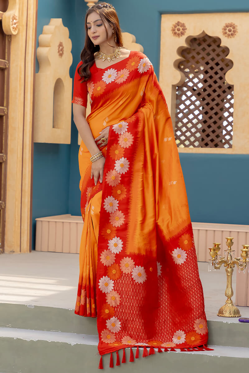 Cadmium Orange Zari Woven Banarasi Silk Saree