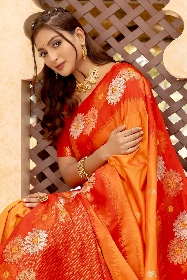 Cadmium Orange Zari Woven Banarasi Silk Saree