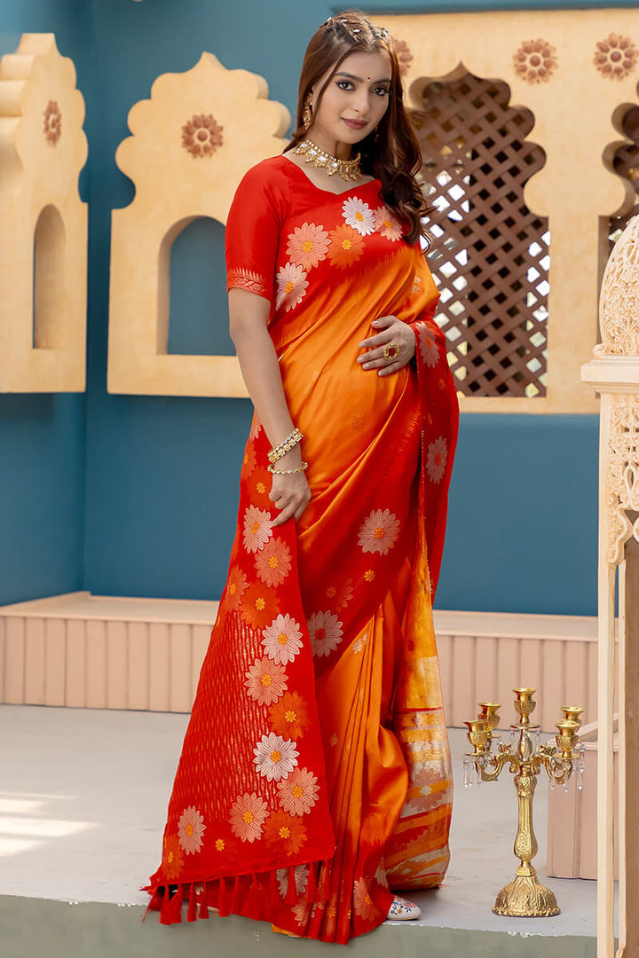 Cadmium Orange Zari Woven Banarasi Silk Saree