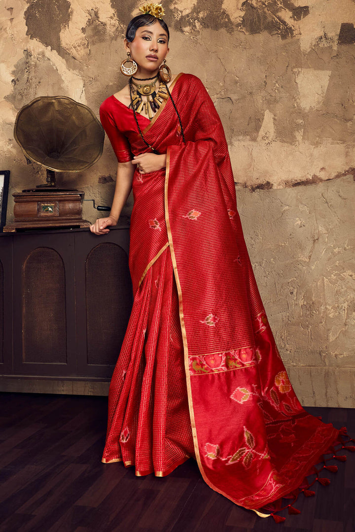 Cadmium Red Banarasi Handloom silk saree