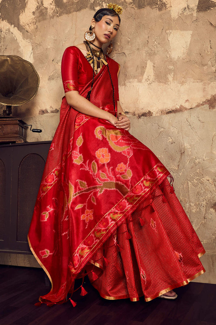 Cadmium Red Banarasi Handloom silk saree