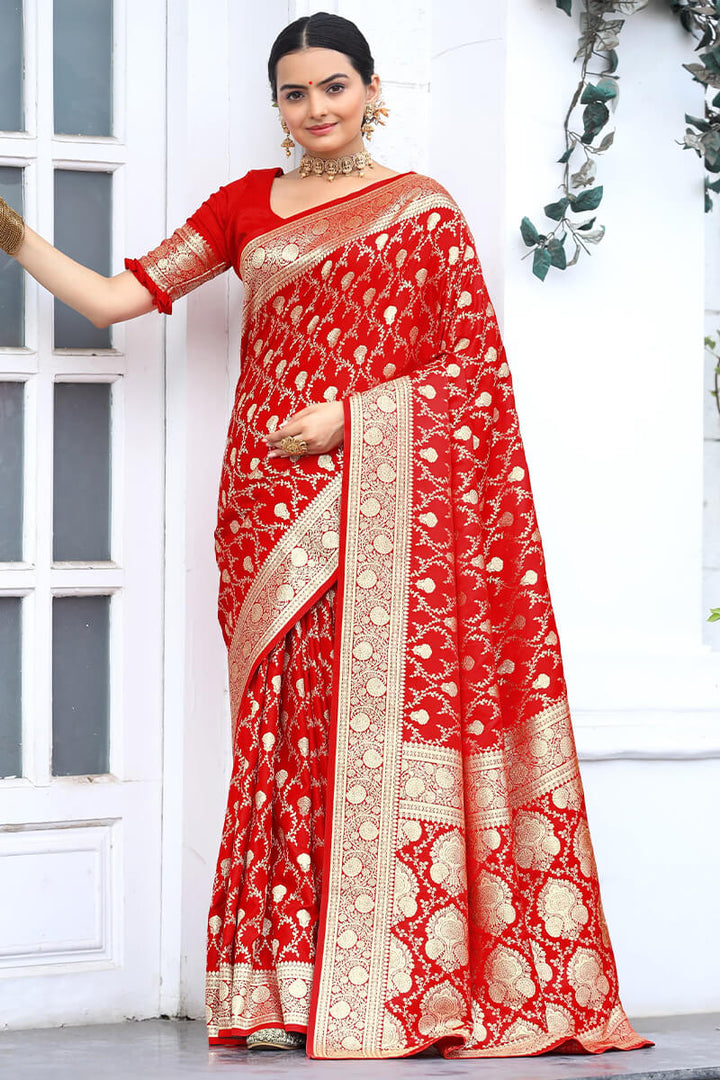 Cadmium Red Zari Woven Banarasi Satin Silk Saree