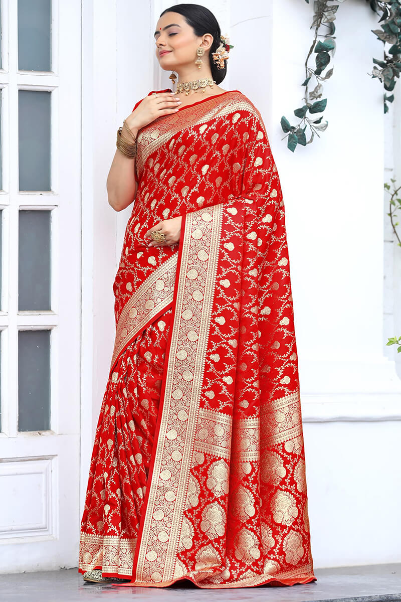 Cadmium Red Zari Woven Banarasi Satin Silk Saree