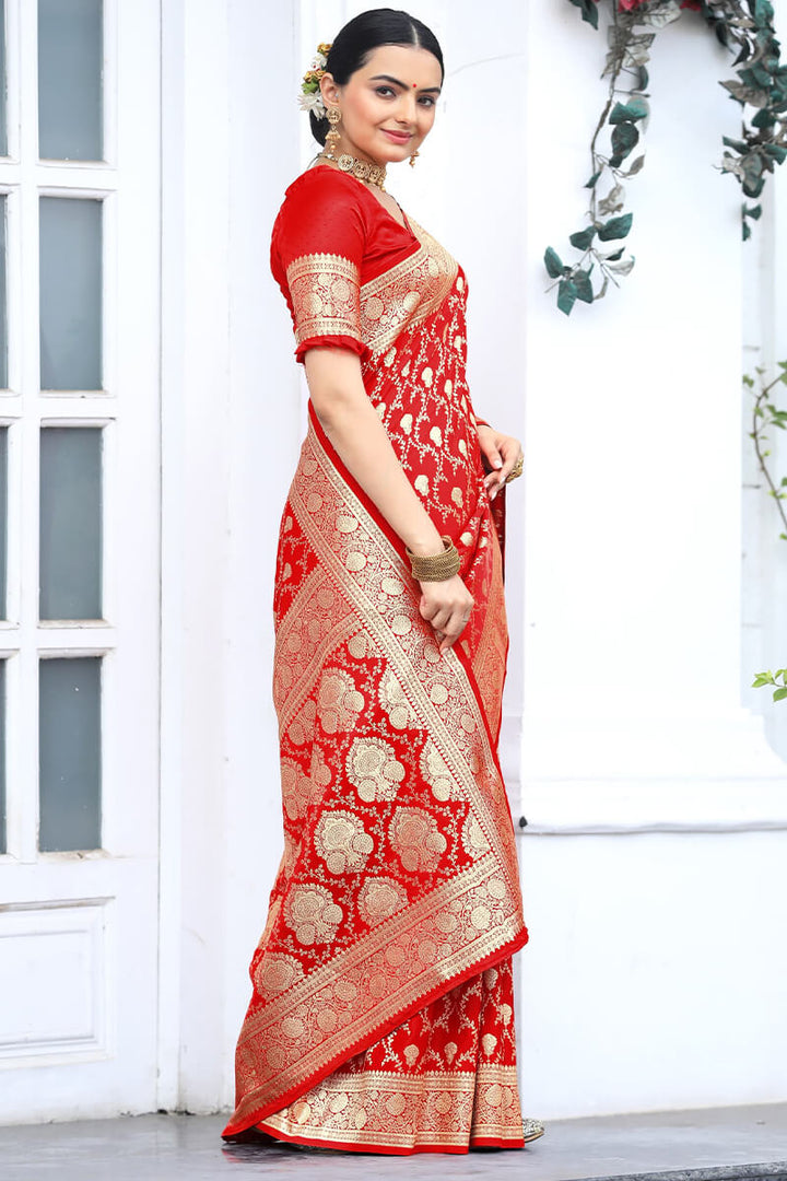 Cadmium Red Zari Woven Banarasi Satin Silk Saree