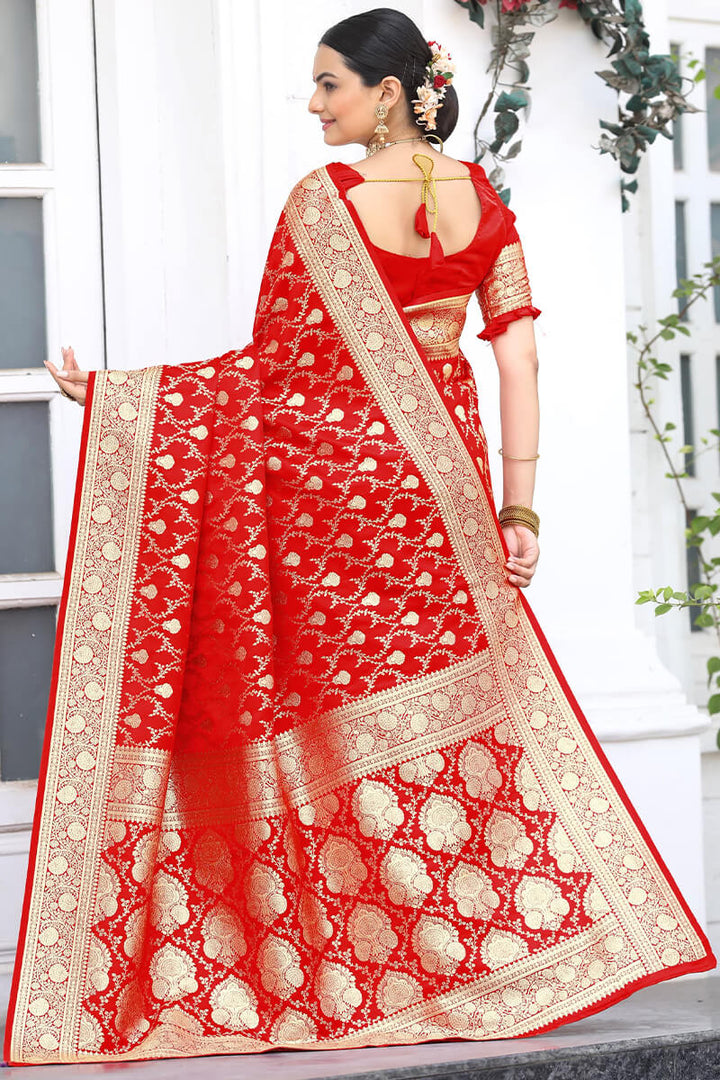 Cadmium Red Zari Woven Banarasi Satin Silk Saree