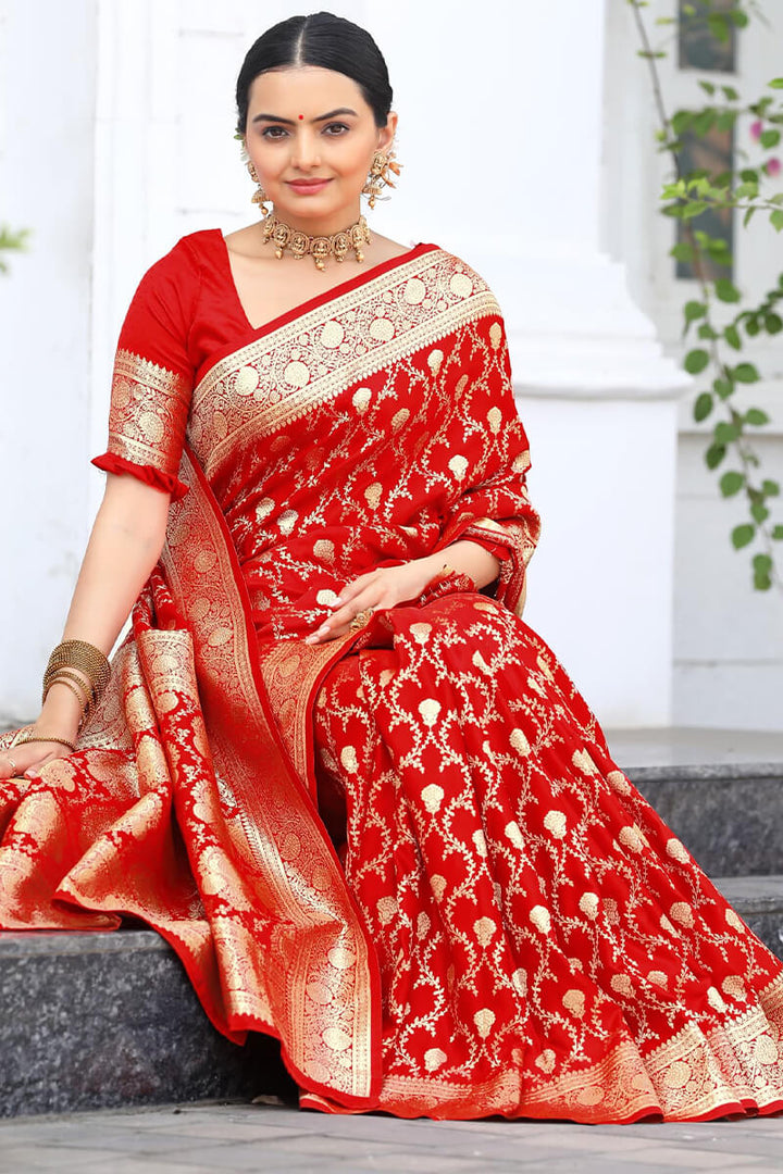 Cadmium Red Zari Woven Banarasi Satin Silk Saree