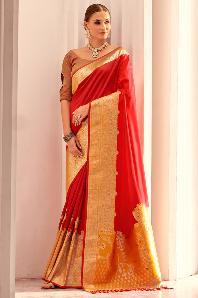 Cadmium Red Zari Woven Soft Banarasi Silk Saree