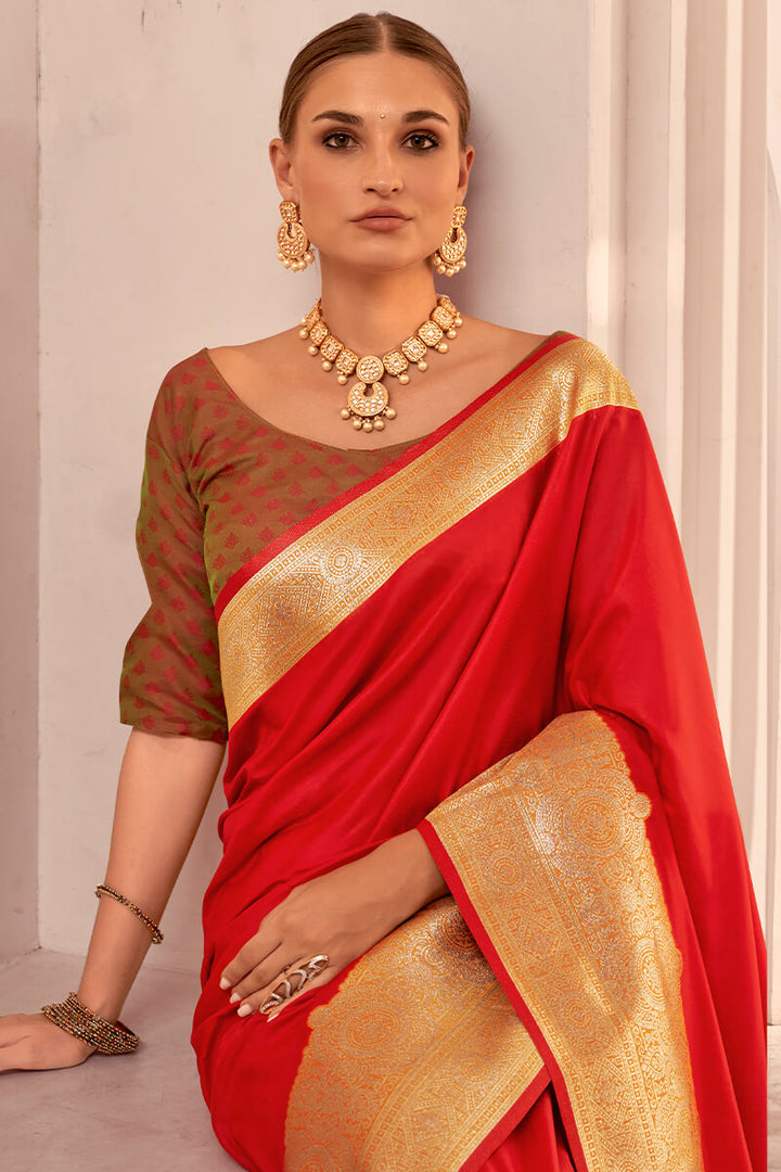 Cadmium Red Zari Woven Soft Banarasi Silk Saree