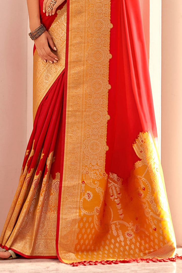 Cadmium Red Zari Woven Soft Banarasi Silk Saree