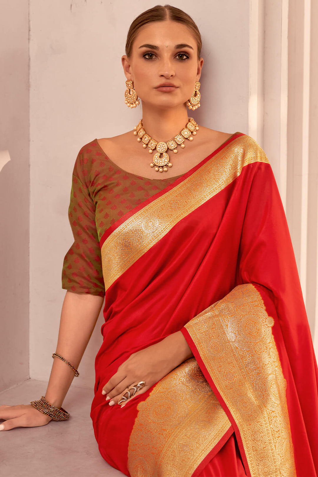 Cadmium Red Zari Woven Soft Banarasi Silk Saree