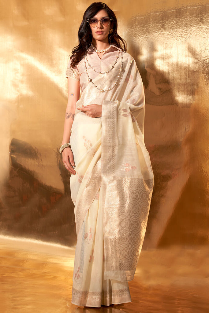 Cameo Beige Linen Silk Saree